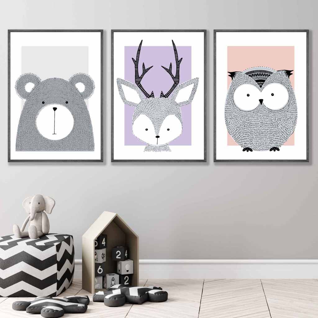 Set of 3 Nursery Scandinavian Sketch Forest Animals Prints / Framed Pink Lilac Grey | Artze Wall Art UK