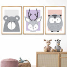Set of 3 Nursery Scandinavian Sketch Forest Animals Prints Pink Lilac Grey