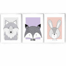 Set of 3 Pink Lilac Grey Nursery Scandinavian Sketch Forest Animals Prints