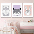 Set of 3 Pink Lilac Grey Nursery Scandinavian Sketch Forest Animals Prints