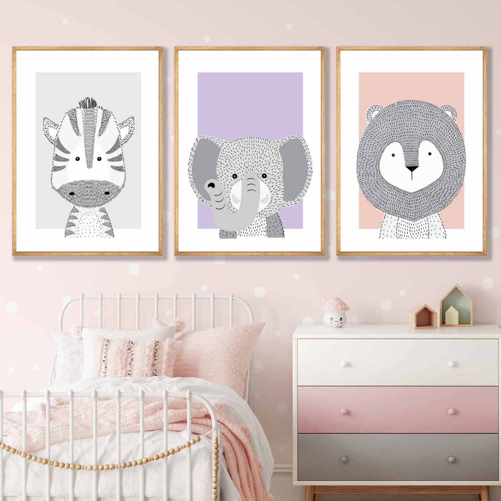 Set of 3 Pink Lilac Grey Nursery Scandinavian Sketch Jungle Animals Prints
