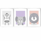 Set of 3 Pink Lilac Grey Nursery Scandinavian Sketch Jungle Animals Prints