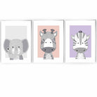 Nursery Scandinavian Sketch Jungle Animals Set of 3 Pink Lilac Grey Prints