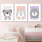 Nursery Jungle Animals Scandinavian Sketch Set of 3 Pink Lilac Grey Prints