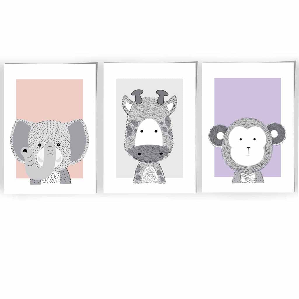 Nursery Jungle Animals Scandinavian Sketch Set of 3  Lilac Pink Grey Prints