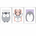 Set of 3 Nursery Scandinavian Sketch Forest Animals Prints in Pink Lilac Grey
