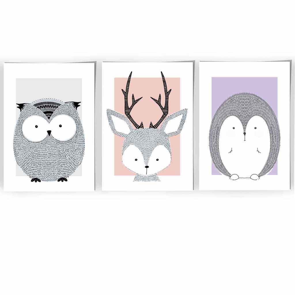 Set of 3 Nursery Scandinavian Sketch Forest Animals Prints / Framed in Pink Lilac Grey | Artze Wall Art UK