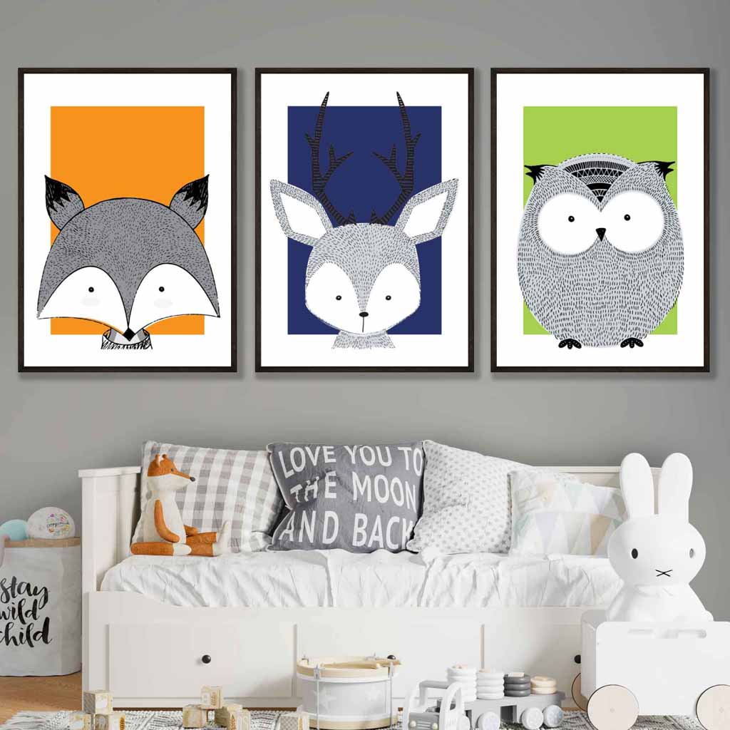 Set of 3 Nursery Scandinavian Sketch Forest Animals Prints / Framed in Orange Blue Green | Artze Wall Art UK