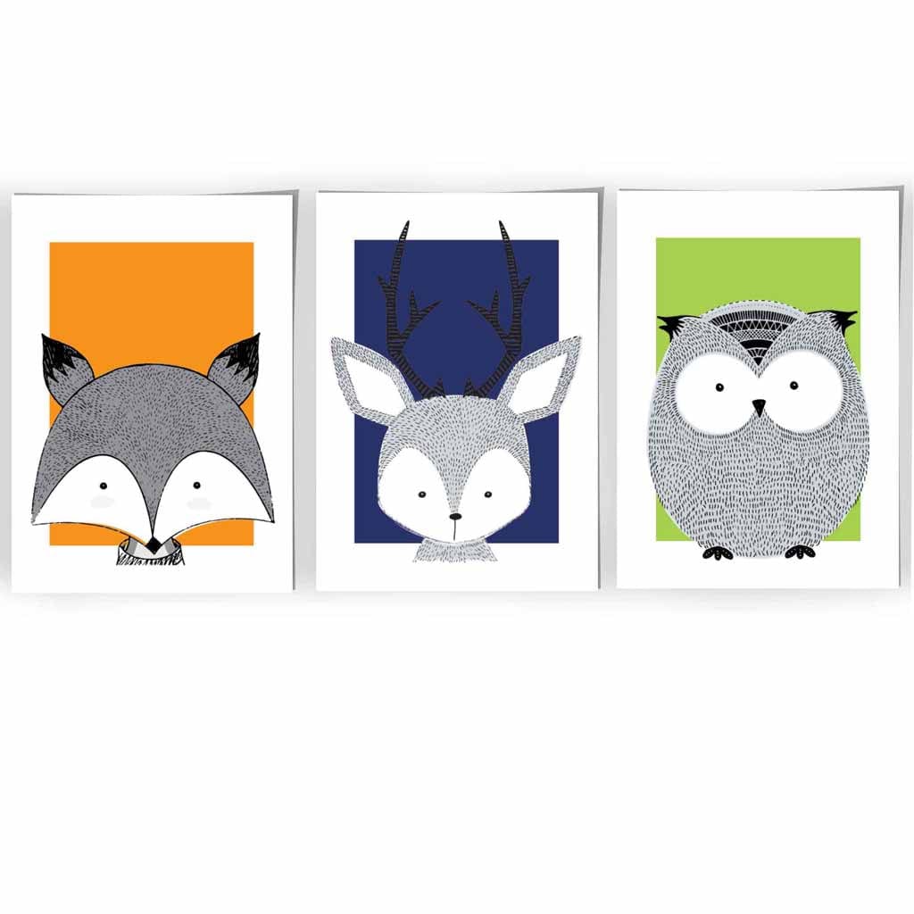 Set of 3 Nursery Scandinavian Sketch Forest Animals Prints in Orange Blue Green