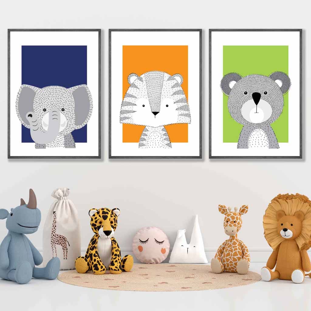 Set of 3 Nursery Scandinavian Sketch Jungle Animals Prints in Orange Blue Green