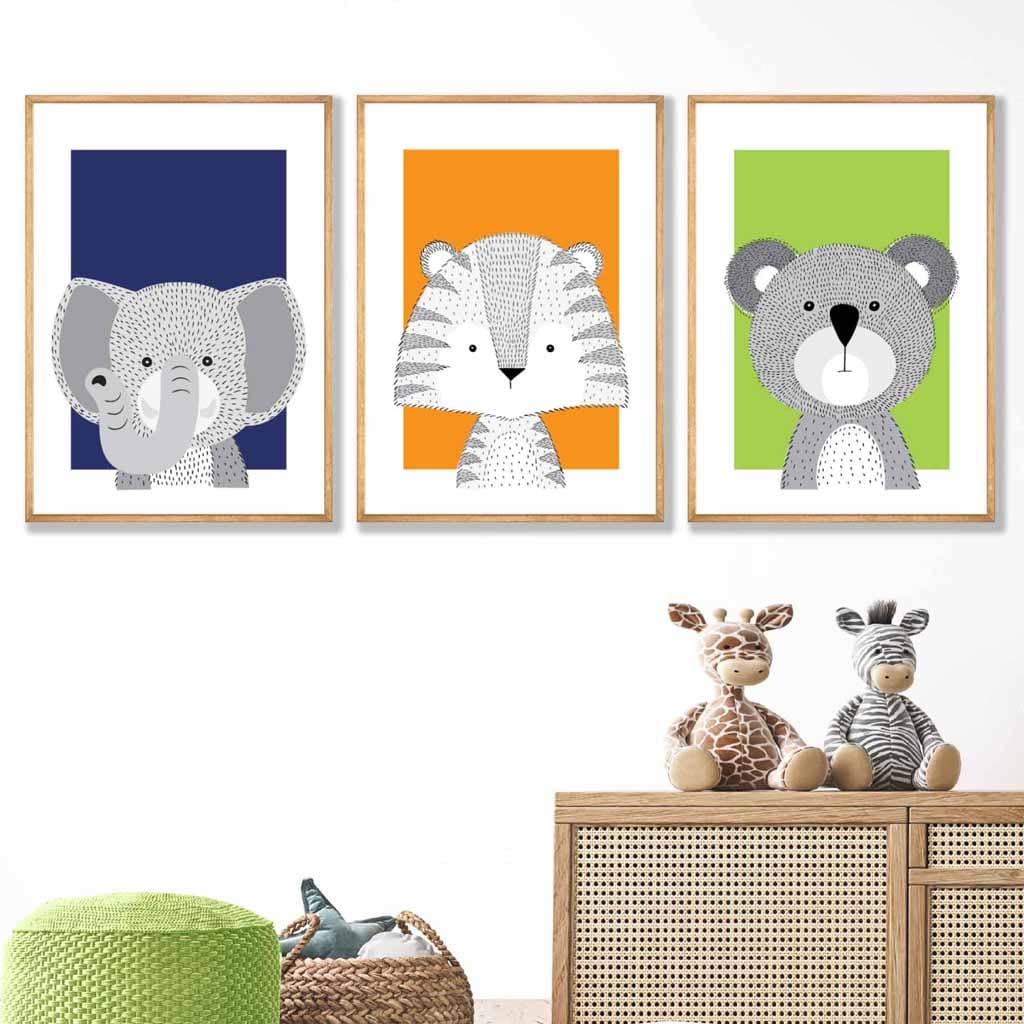 Set of 3 Nursery Scandinavian Sketch Jungle Animals Prints in Orange Blue Green
