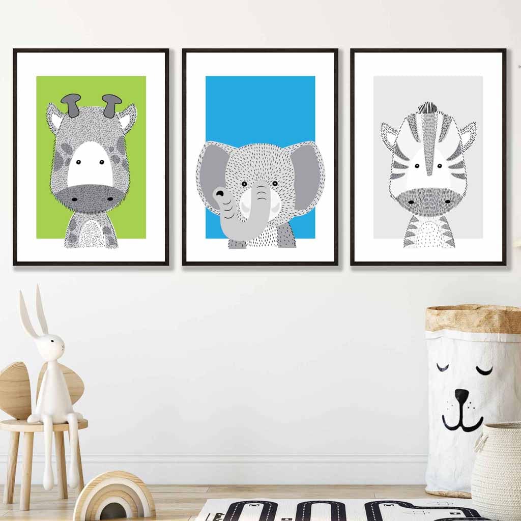 Set of 3 Nursery Sketch Jungle Animals Prints / Framed in Bright Blue & Green | Artze Wall Art UK