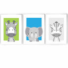 Set of 3 Nursery Sketch Jungle Animals Prints in Bright Blue & Green