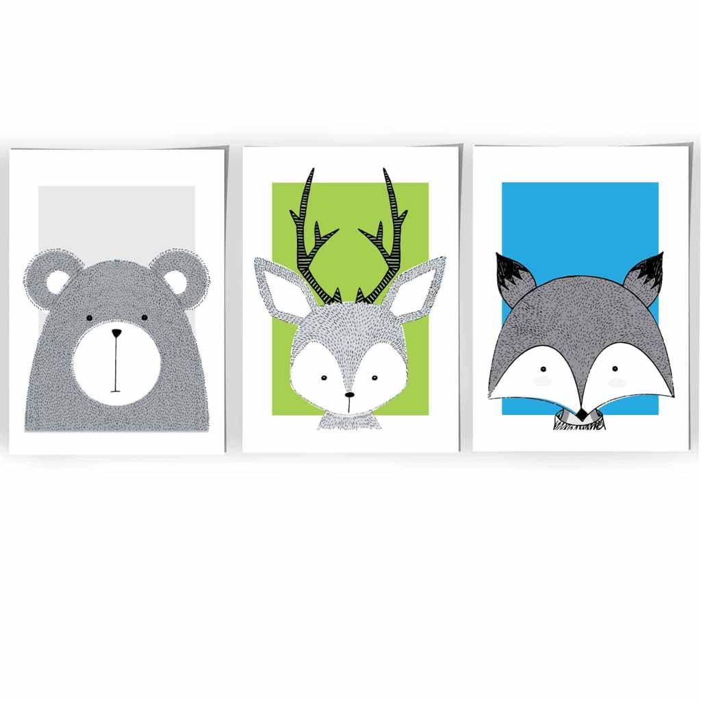 Set of 3 Nursery Sketch Forest Animals Prints / Framed in Bright Blue & Green | Artze Wall Art UK
