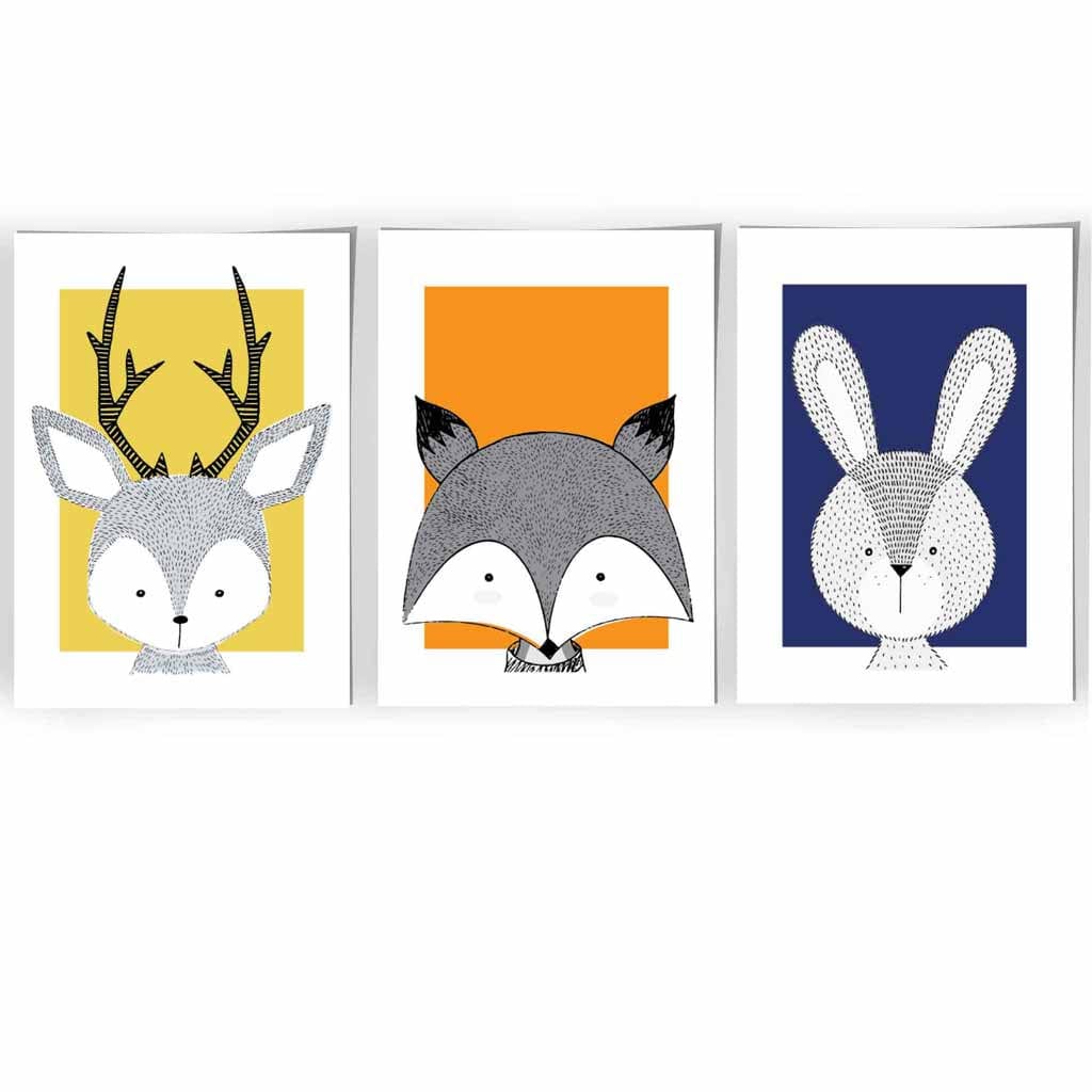 Set of 3 Nursery Sketch Forest Animals Prints in Navy Blue, Orange & Yellow