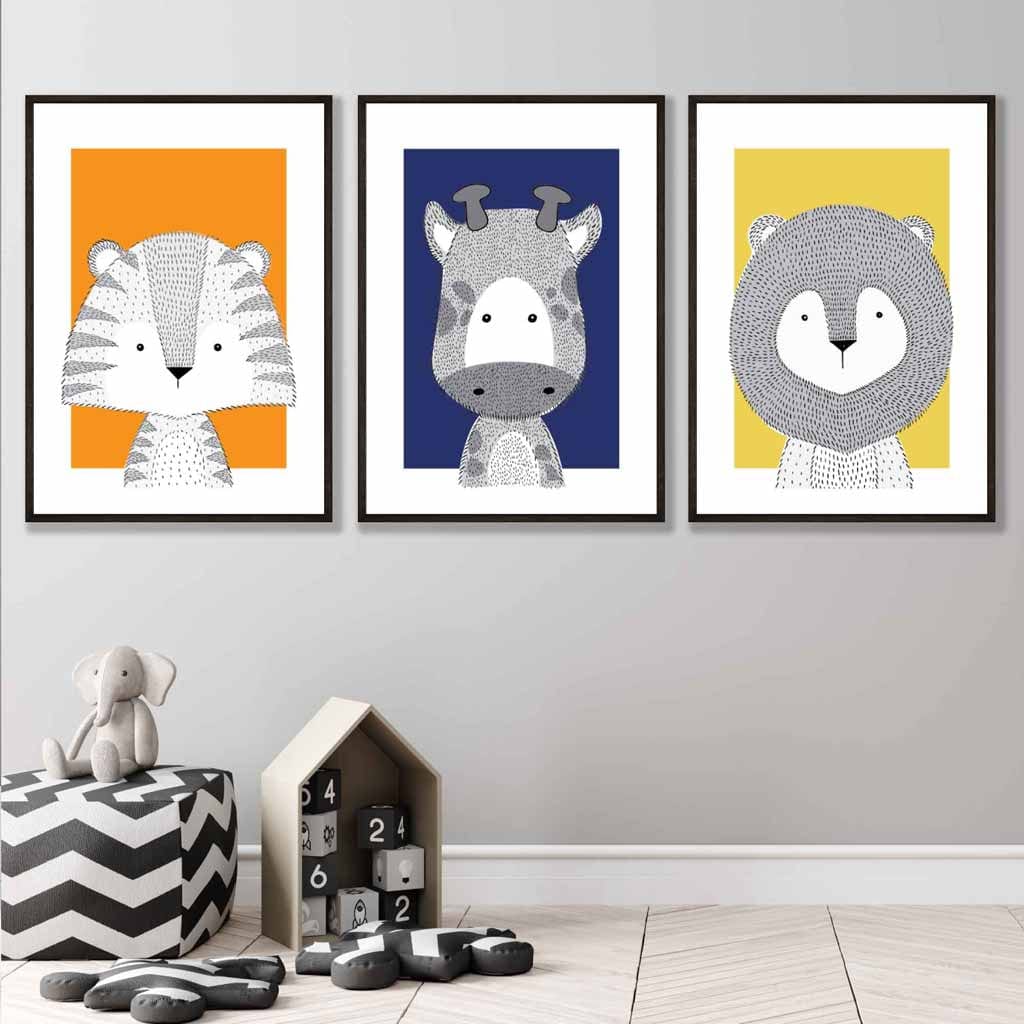 Set of 3 Nursery Sketch Jungle Animals Prints in Navy Blue, Orange & Yellow