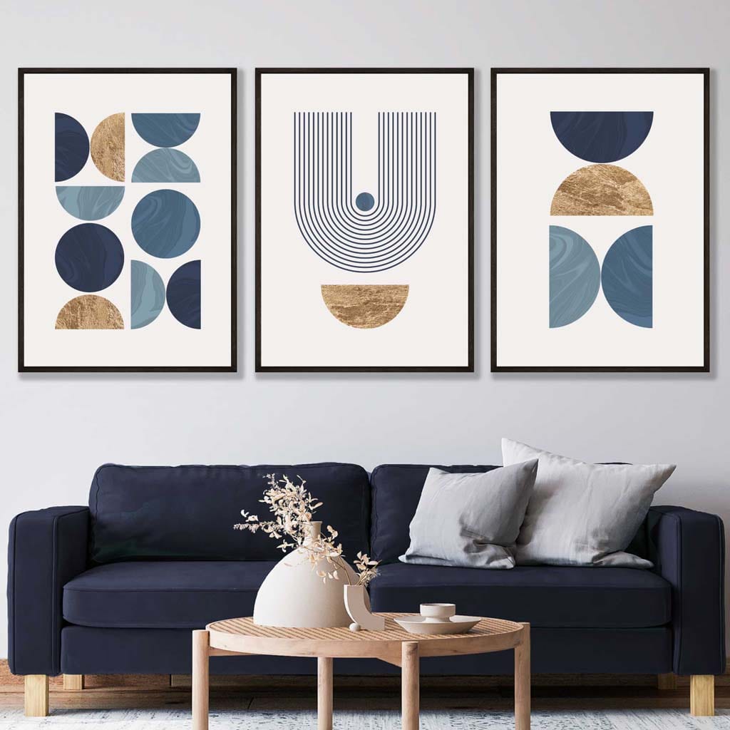 Set of 3 Geometric Wall Art Posters in Blue and Gold – Artze Wall Art