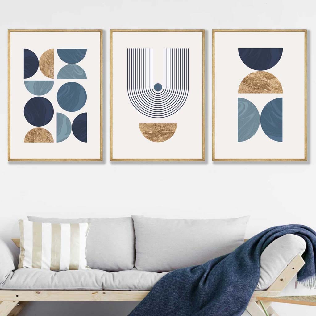 Set of 3 Geometric Wall Art Posters in Blue and Gold