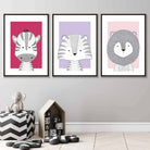 Set of 3 Nursery Scandinavian Sketch Jungle Animals Prints in Pinks and Lilac