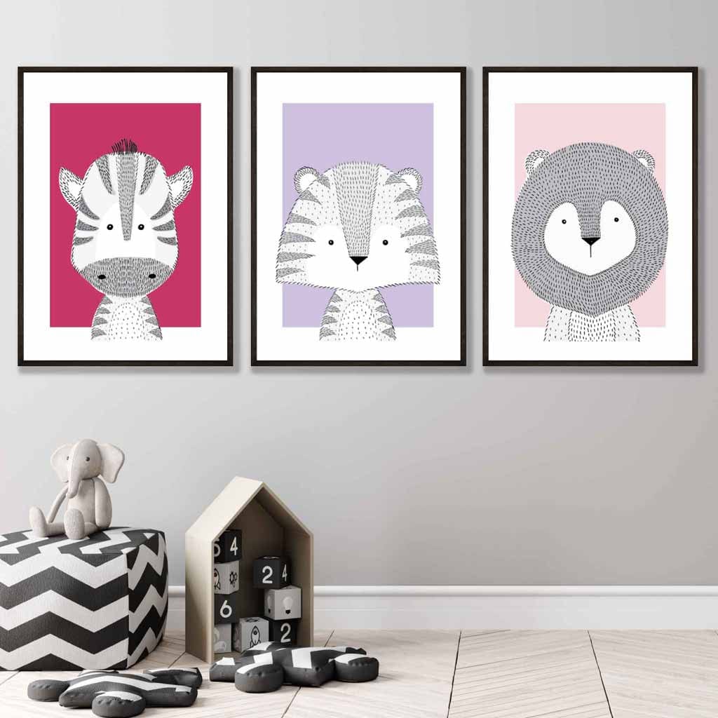 Set of 3 Nursery Wall Art Prints / Framed Scandinavian Sketch Jungle Animals in Pinks and Lilac | Artze Wall Art UK