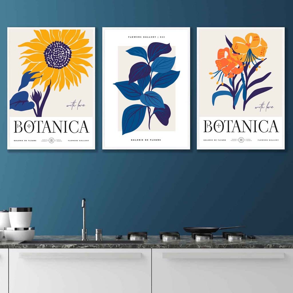 Set of 3 Blue & Yellow Floral Boho Prints Sunflower Posters