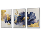Set of 3 Oriental Abstract Flowers in Purple and Gold Framed Art Prints | Artze Wall Art UK