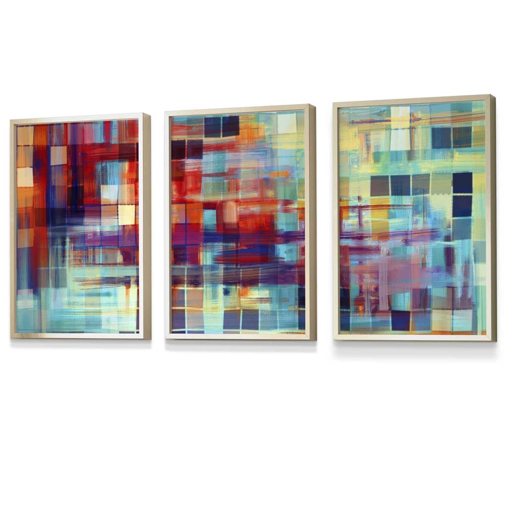 Set of 3 Geometric Abstract Colourful Squares Framed Art Prints | Artze Wall Art UK