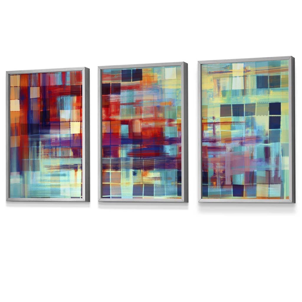 Set of 3 Geometric Abstract Colourful Squares Framed Art Prints | Artze Wall Art UK