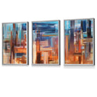 Set of 3 Geometric Abstract Sunset City In Blue and Orange Framed Art Prints | Artze Wall Art UK