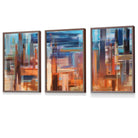 Set of 3 Geometric Abstract Sunset City In Blue and Orange Framed Art Prints | Artze Wall Art UK