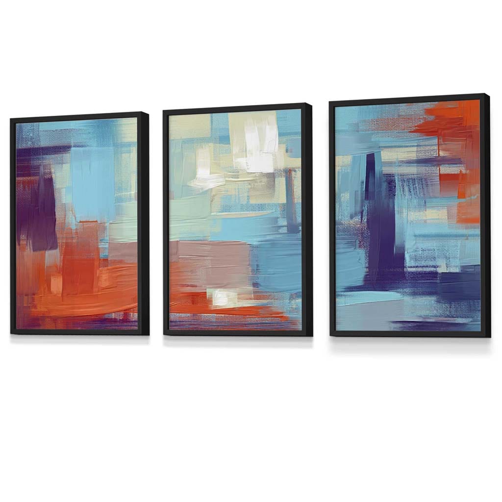Set of 3 Geometric Abstract Sunset Plaza In Purple,Blue and Orange Framed Art Prints | Artze Wall Art UK