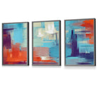Set of 3 Geometric Abstract Sunset Plaza In Purple,Blue and Orange Framed Art Prints | Artze Wall Art UK