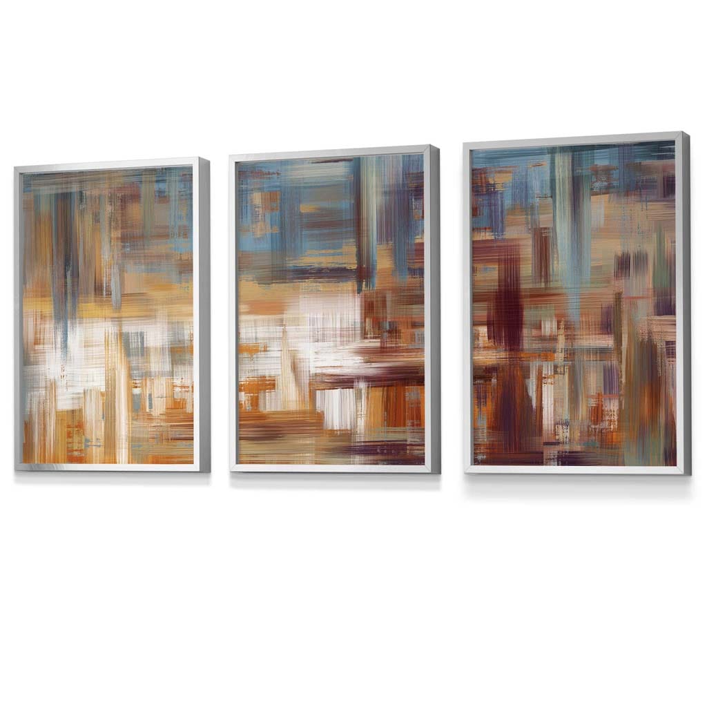 Set of 3 Geometric Abstract Urban Landscape In Blue Orange White Framed Art Prints | Artze Wall Art UK