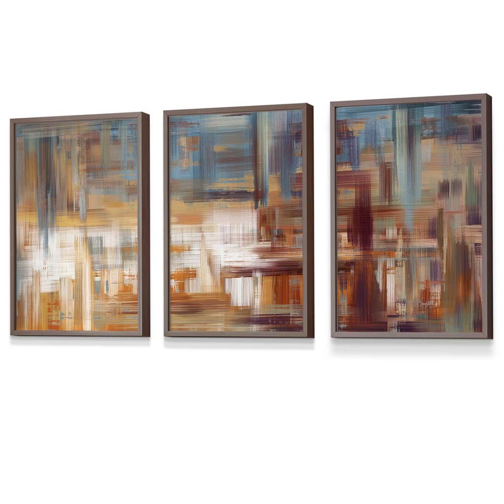 Set of 3 Geometric Abstract Urban Landscape In Blue Orange White Framed Art Prints | Artze Wall Art UK