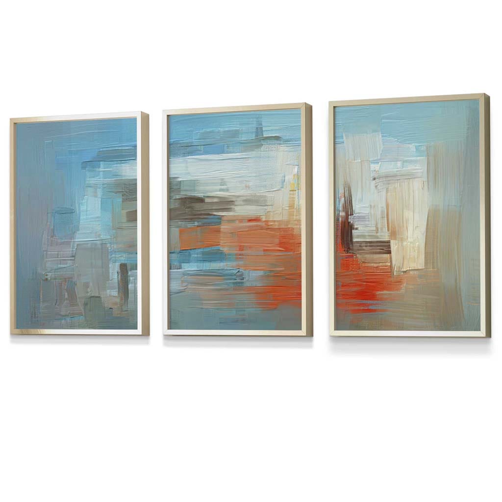 Set of 3 Geometric Abstract In Blue Orange White Framed Art Prints | Artze Wall Art UK