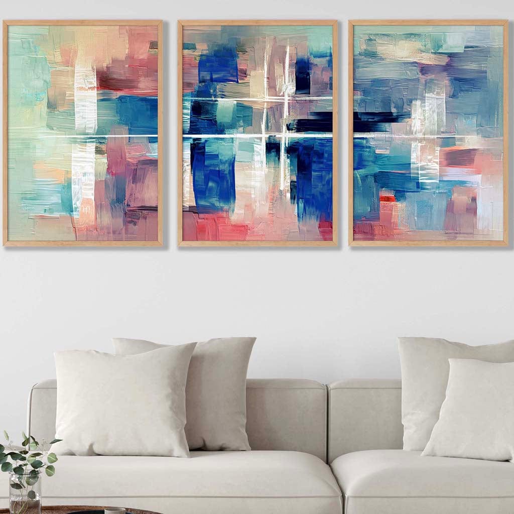 Set of 3 Geometric Abstract Strokes In Blue Pink Wall Art Prints