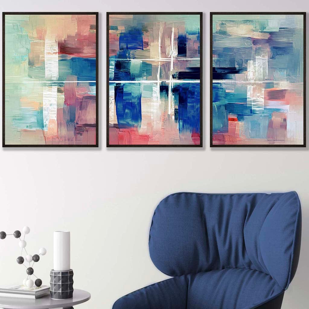 Set of 3 Geometric Abstract Strokes In Blue Pink Wall Art Prints