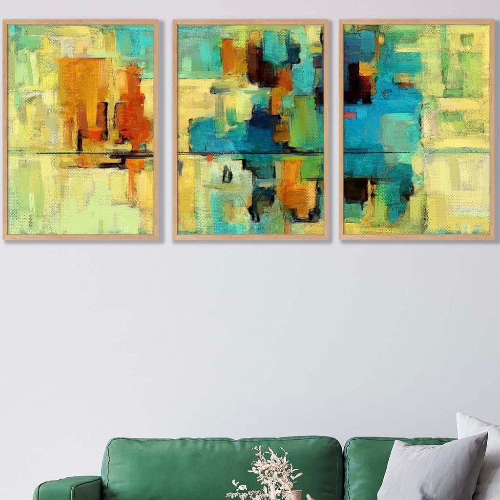 Set of 3 Geometric Abstract Strokes In Bright Green and Blue Wall Art Prints