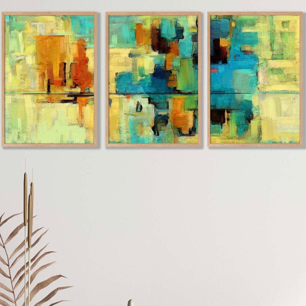 Set of 3 Geometric Abstract Strokes In Bright Green and Blue Wall Art Prints