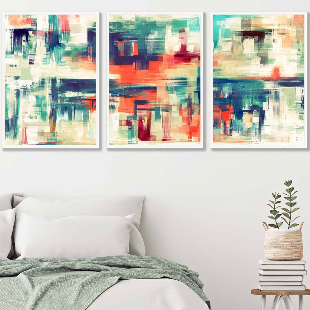 Set of 3 Geometric Abstract Strokes In Blue Teal and Red Wall Art Prints