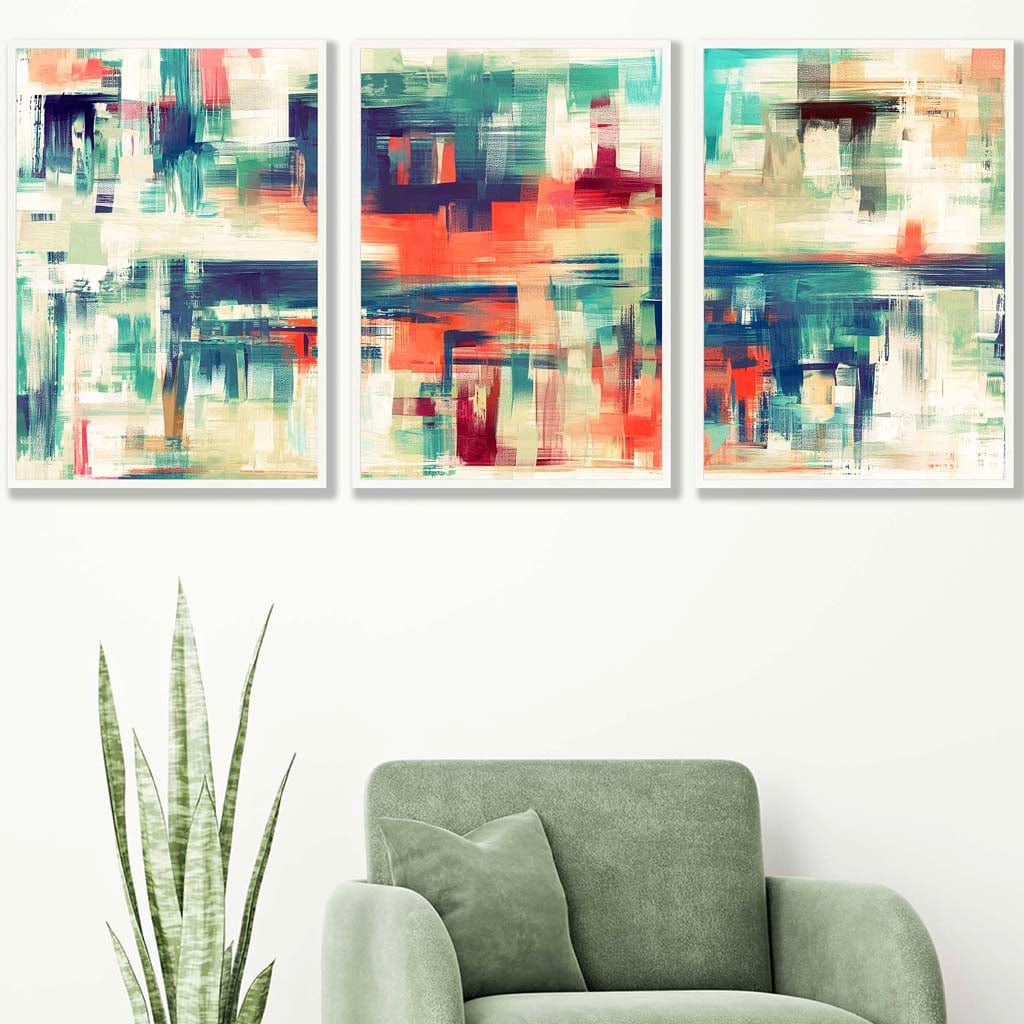 Set of 3 Geometric Abstract Strokes In Blue Teal and Red Wall Art Prints