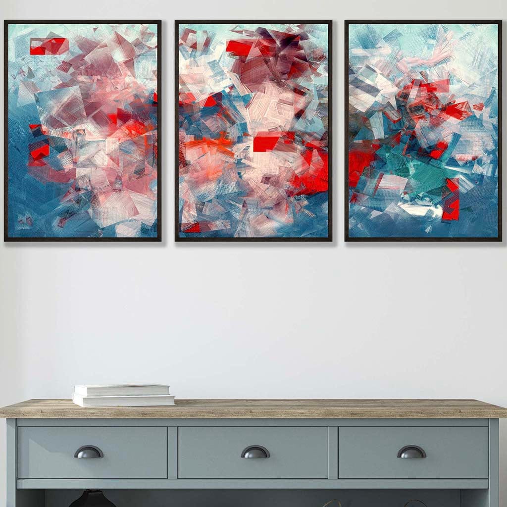 Set of 3 Geometric Abstract Squares In Red White and Blue Wall Art Prints