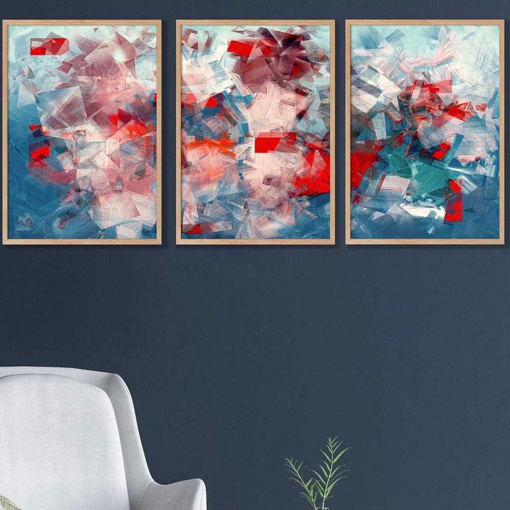 Set of 3 Geometric Abstract Squares In Red White and Blue Wall Art Prints