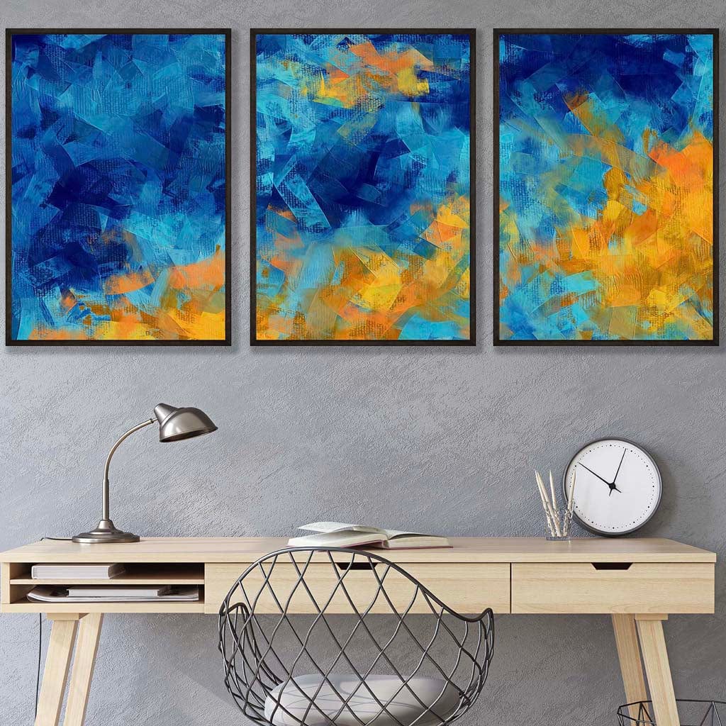 Set of 3 Geometric Abstract Cerulean Shore In Blue and Yellow Wall Art Prints