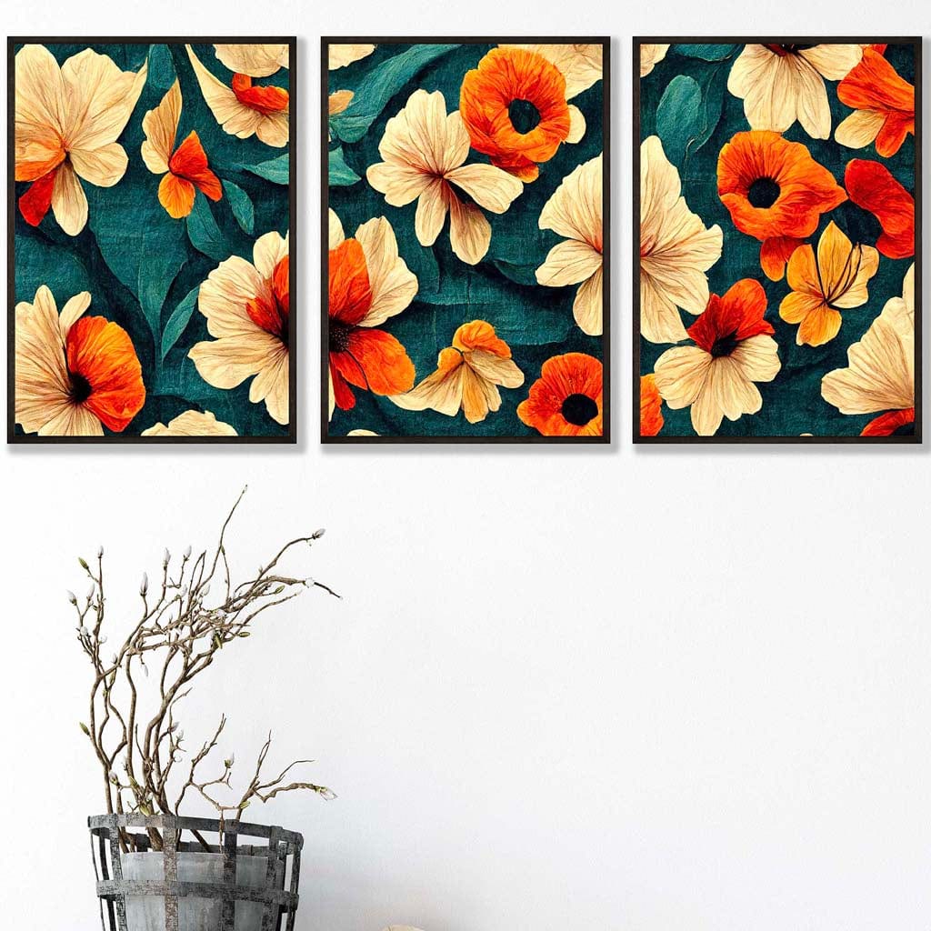 Set of 3 Abstract Oriental Stylized Flowers in Teal and Orange Wall Art Prints