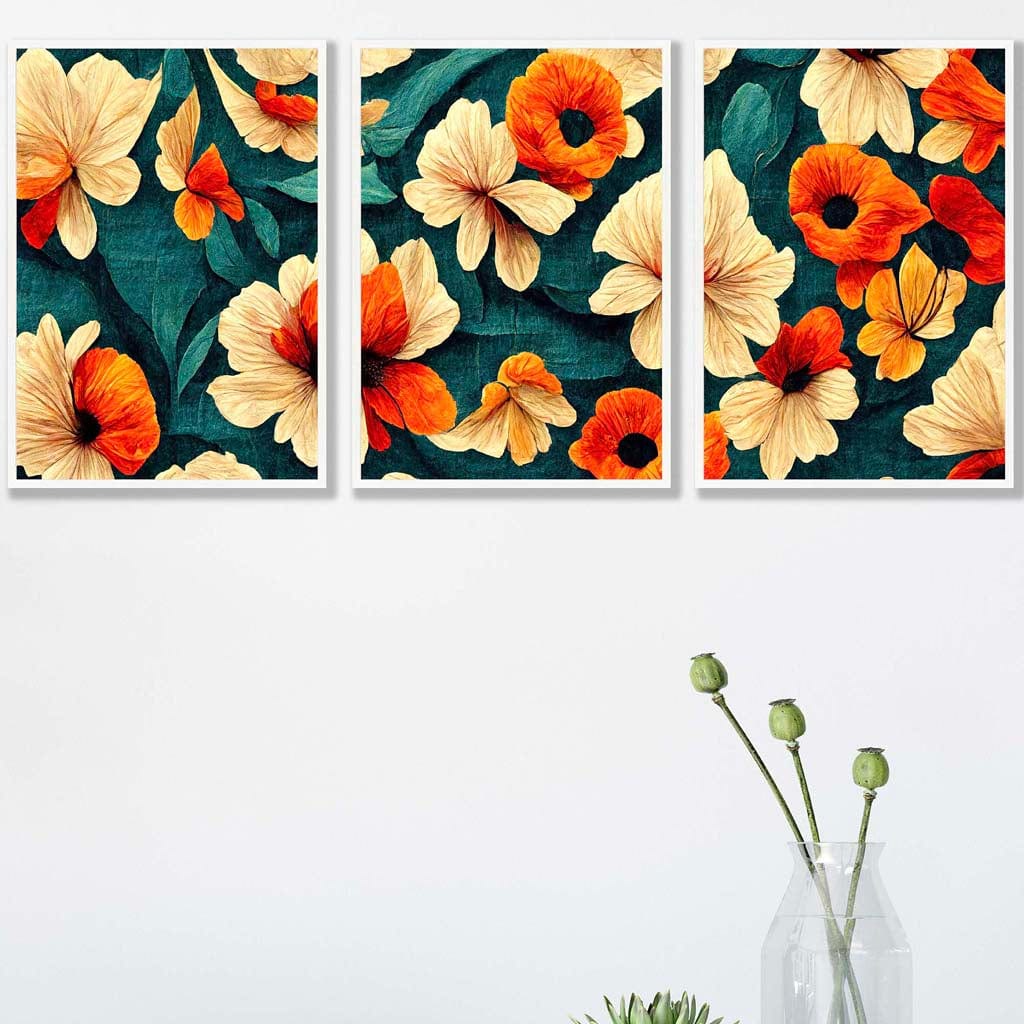 Set of 3 Abstract Oriental Stylized Flowers in Teal and Orange Wall Art Prints