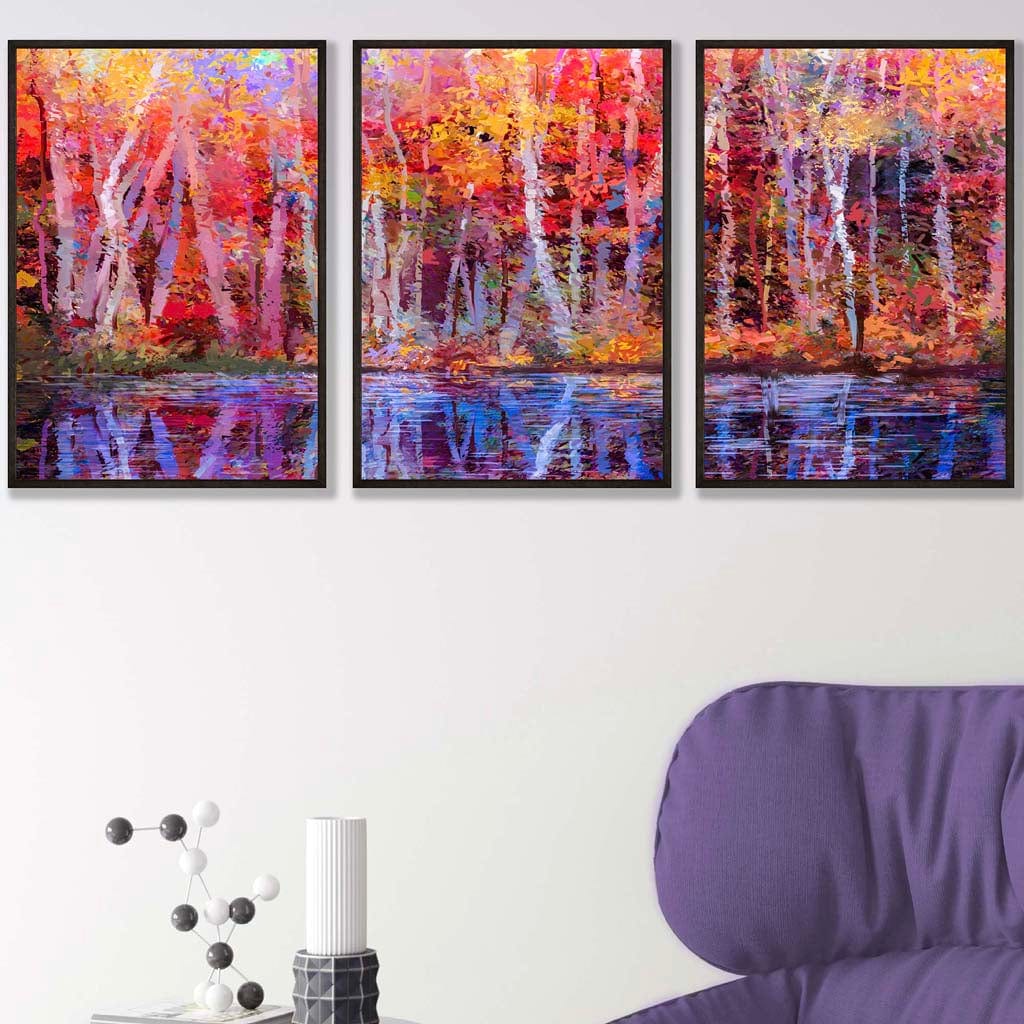 Set of 3 Abstract Summer Trees in Purple and Orange Wall Art Prints