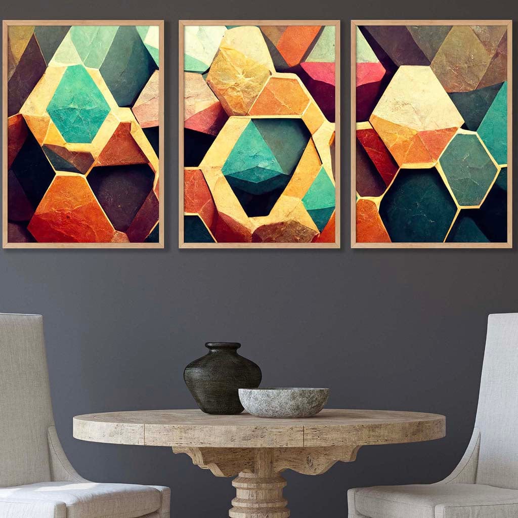 Set of 3 Geometric Abstract Colourful Hexagons Wall Art Prints