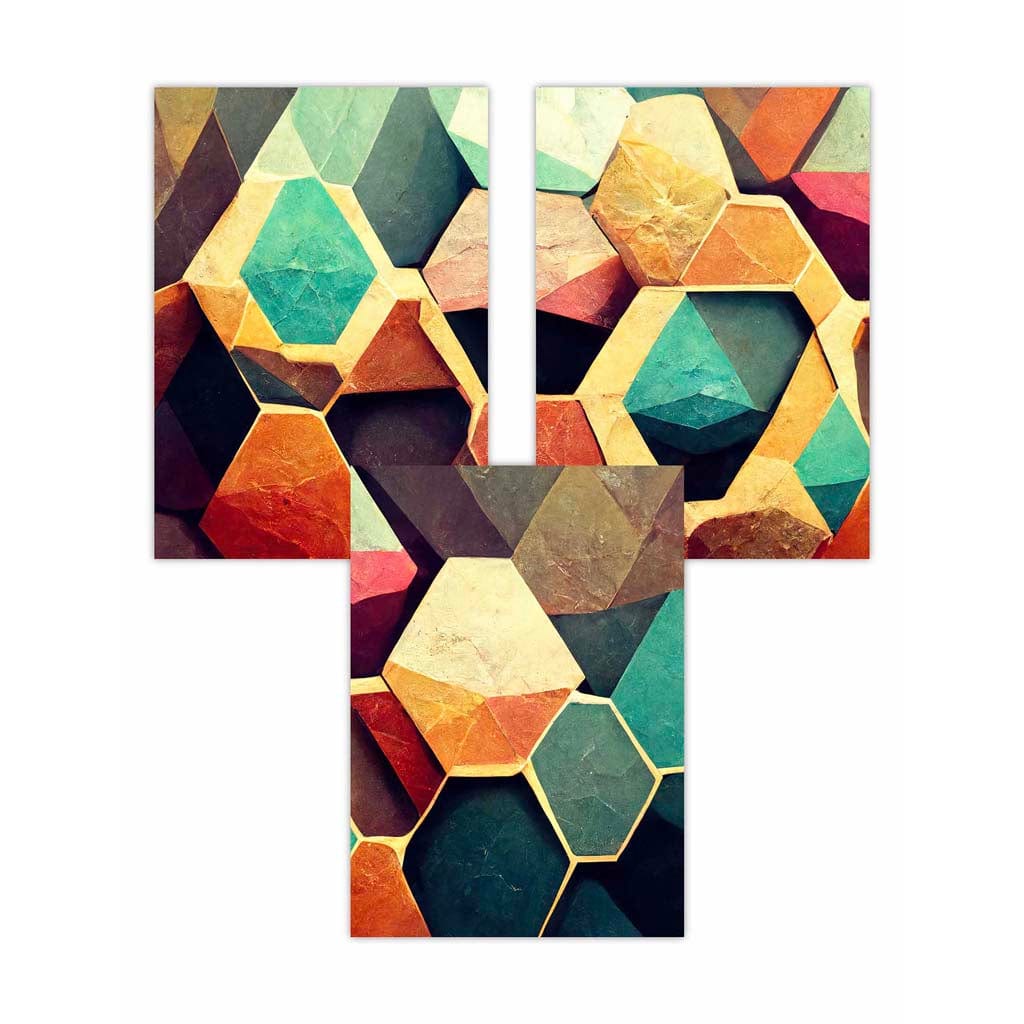Set of 3 Geometric Abstract Colourful Hexagons Wall Art Prints