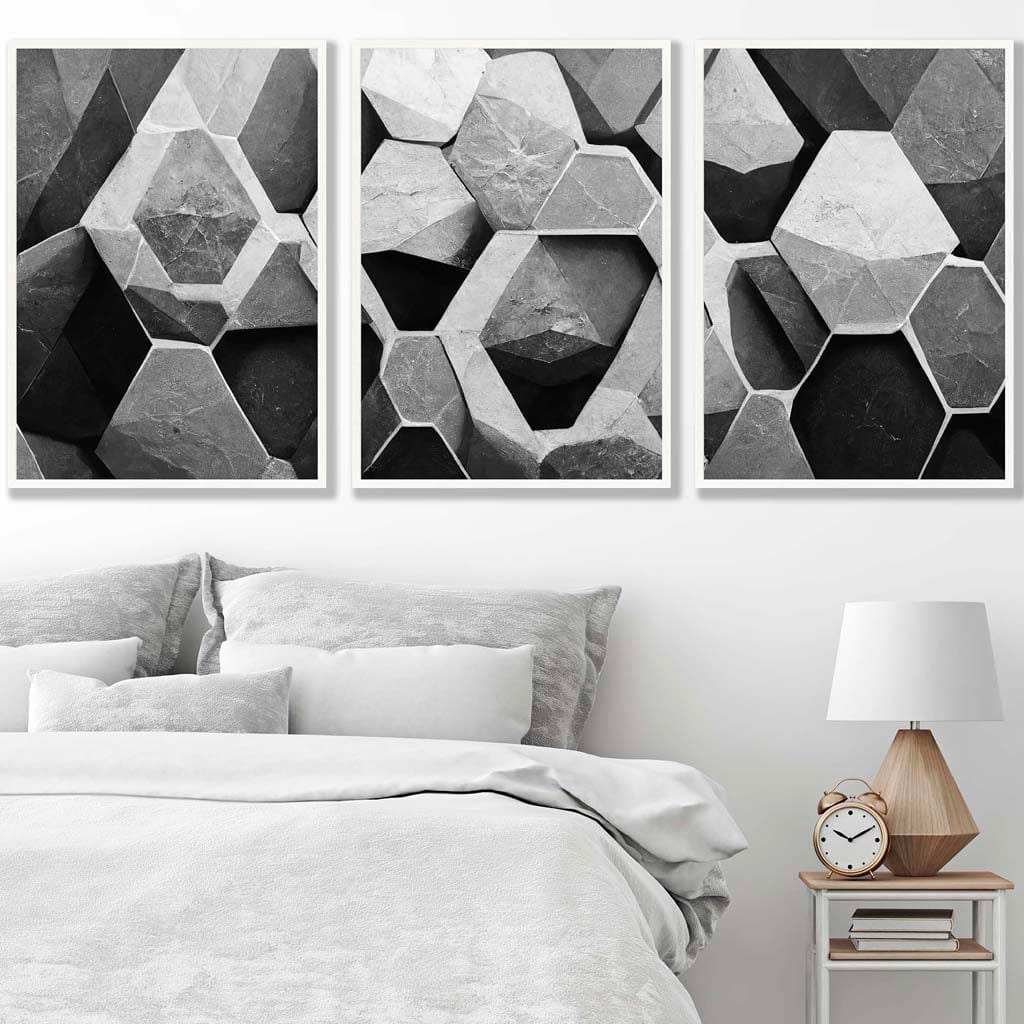 Set of 3 Geometric Abstract Black and Grey Hexagons Wall Art Prints